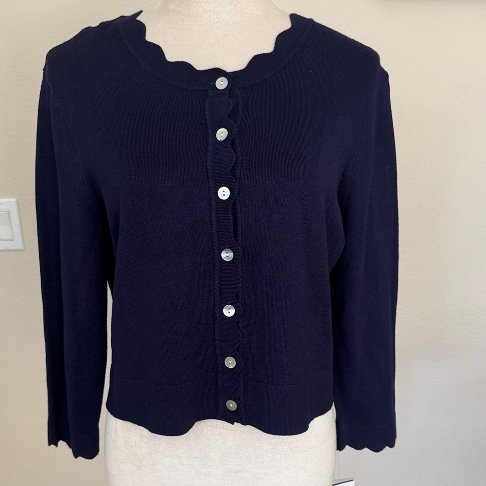 NWT Perceptions New York Navy Scalloped Button-Up Cardigan L